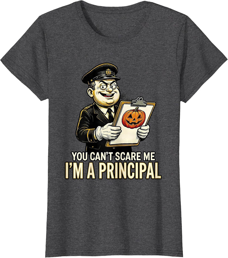Women's You Can't Scare Me I'm A Principal Retro Cartoon Halloween T-Shirt - Dark Heather Grey