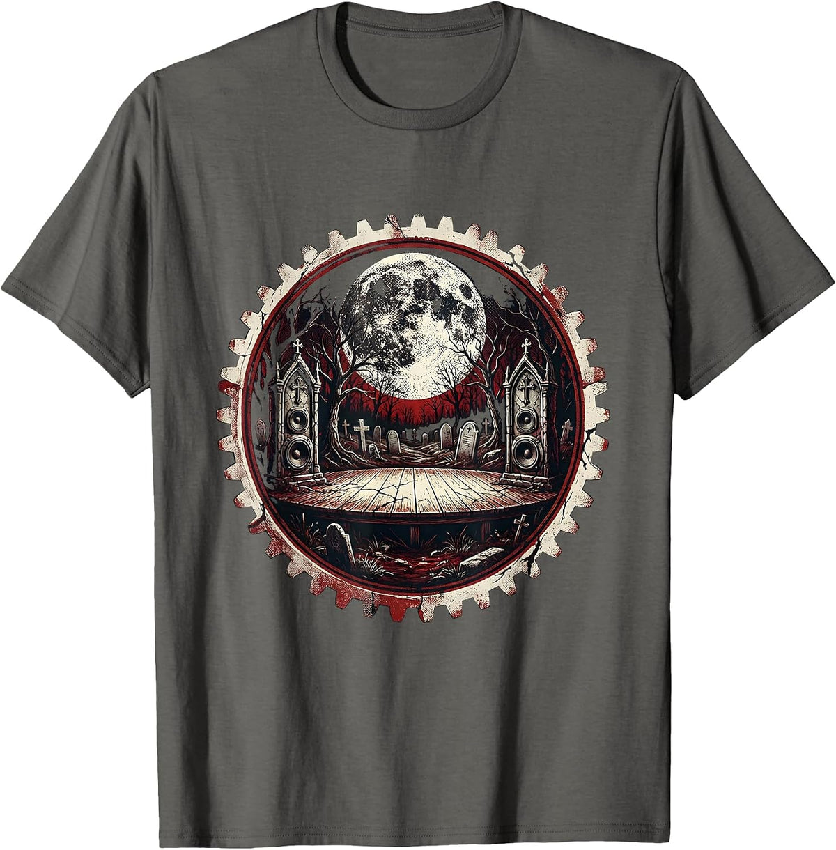 Punk Band Cemetery Stage Tombstone Speakers Art T-Shirt - Asphalt Grey