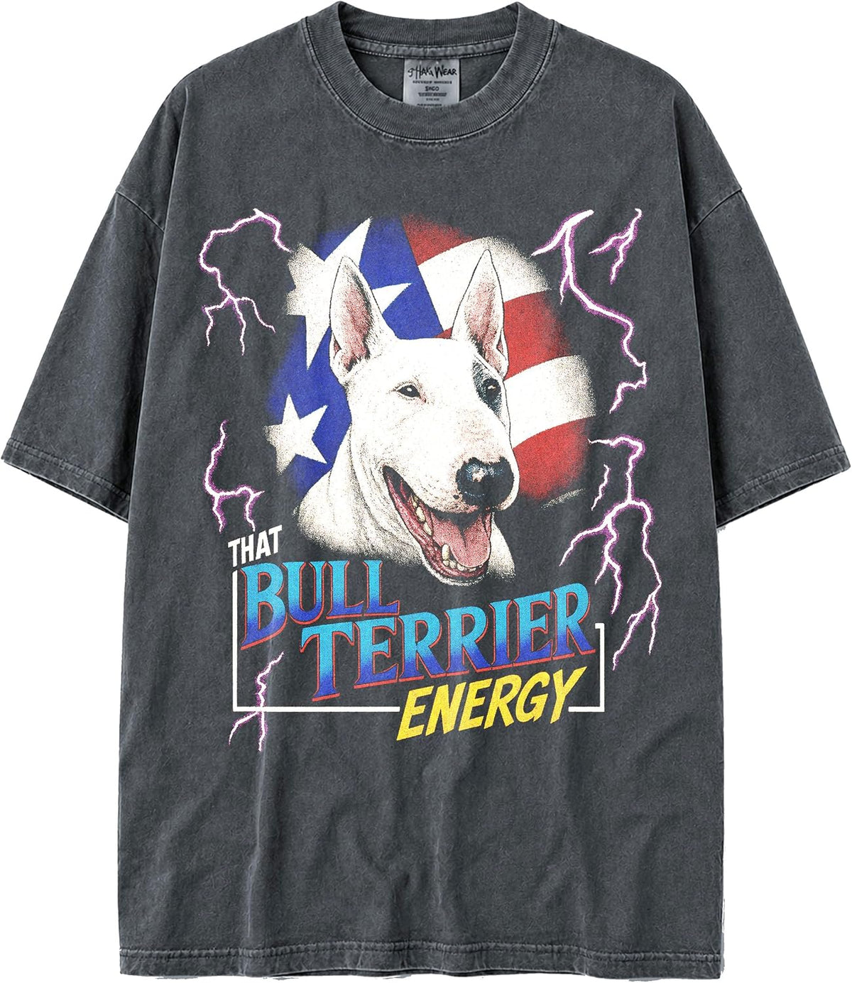 Shaka Wear USA MAX-Heavyweight 100% Faded Cotton Thunder Dogs Tshirt for Men & Women 7.5oz - White Bull Terrier