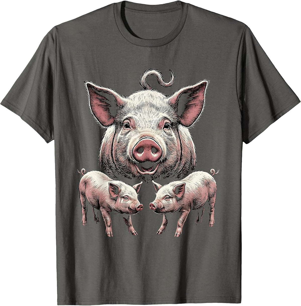 Men's Proud Pig Family Woodcut Engraving Farm Animal Lover Humor T-Shirt - Asphalt Grey