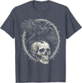 Crow Perched on Human Skull Dark Gothic Art T-Shirt - Heather Blue