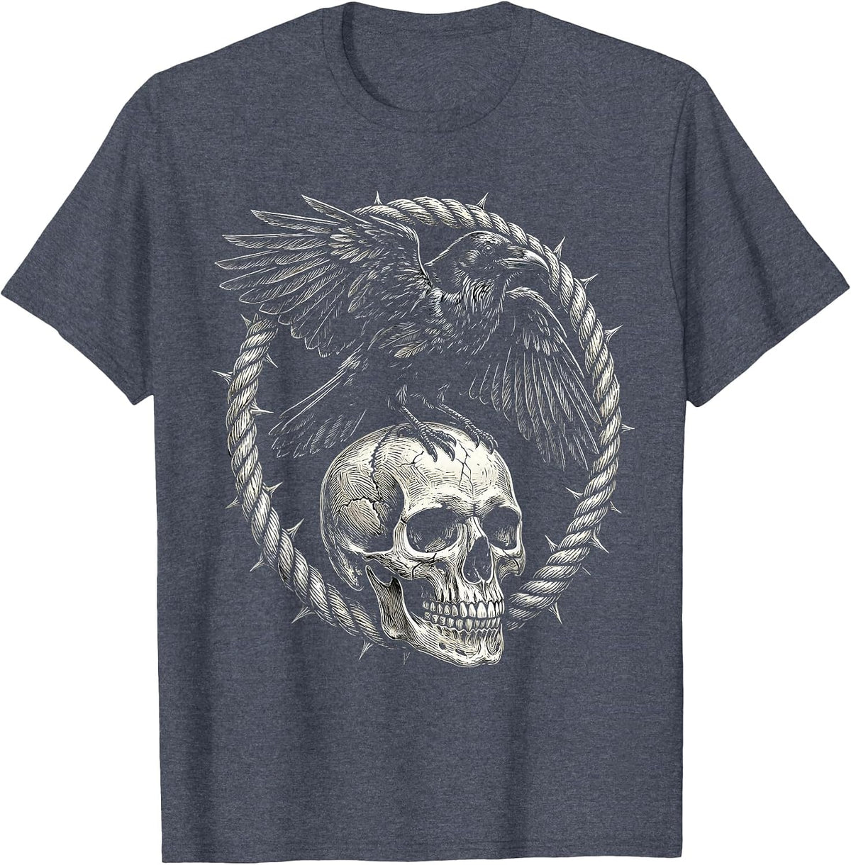 Crow Perched on Human Skull Dark Gothic Art T-Shirt - Heather Blue
