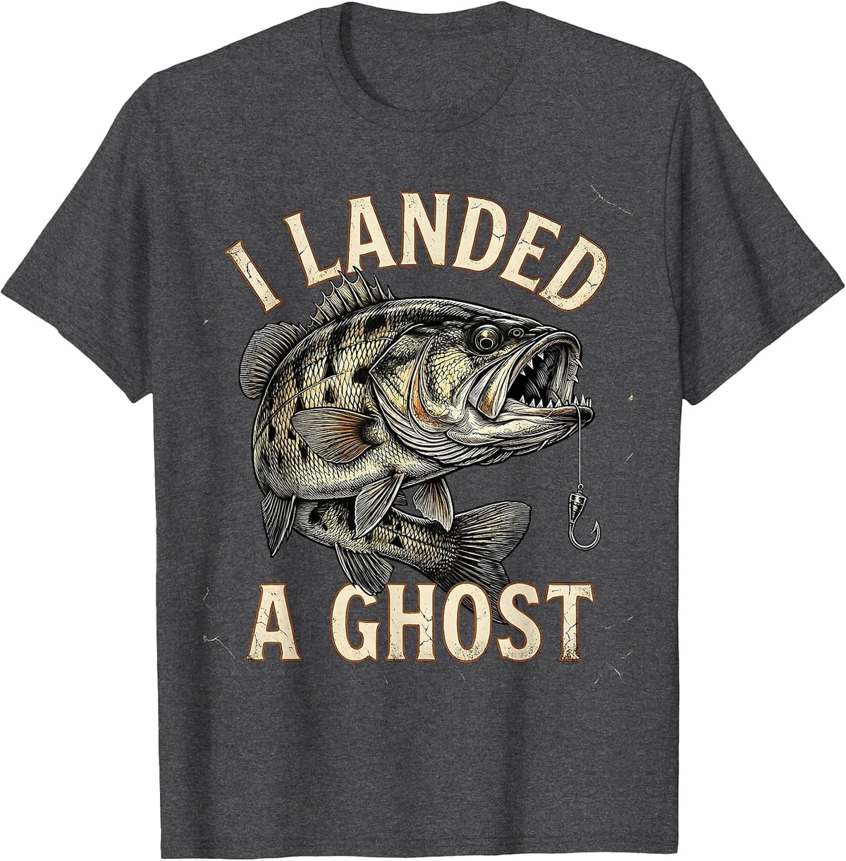 I Landed A Ghost Distressed Halloween Fishing Ghost Bass T-Shirt - Dark Heather Grey