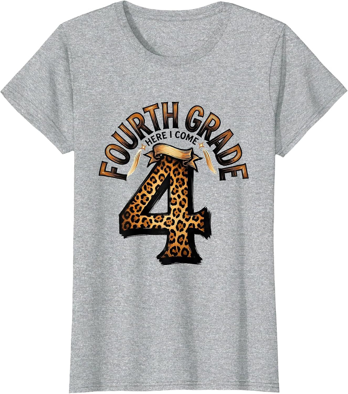 Women's Fourth Grade Here I Come Leopard Print Teacher Back T-Shirt - Heather Grey