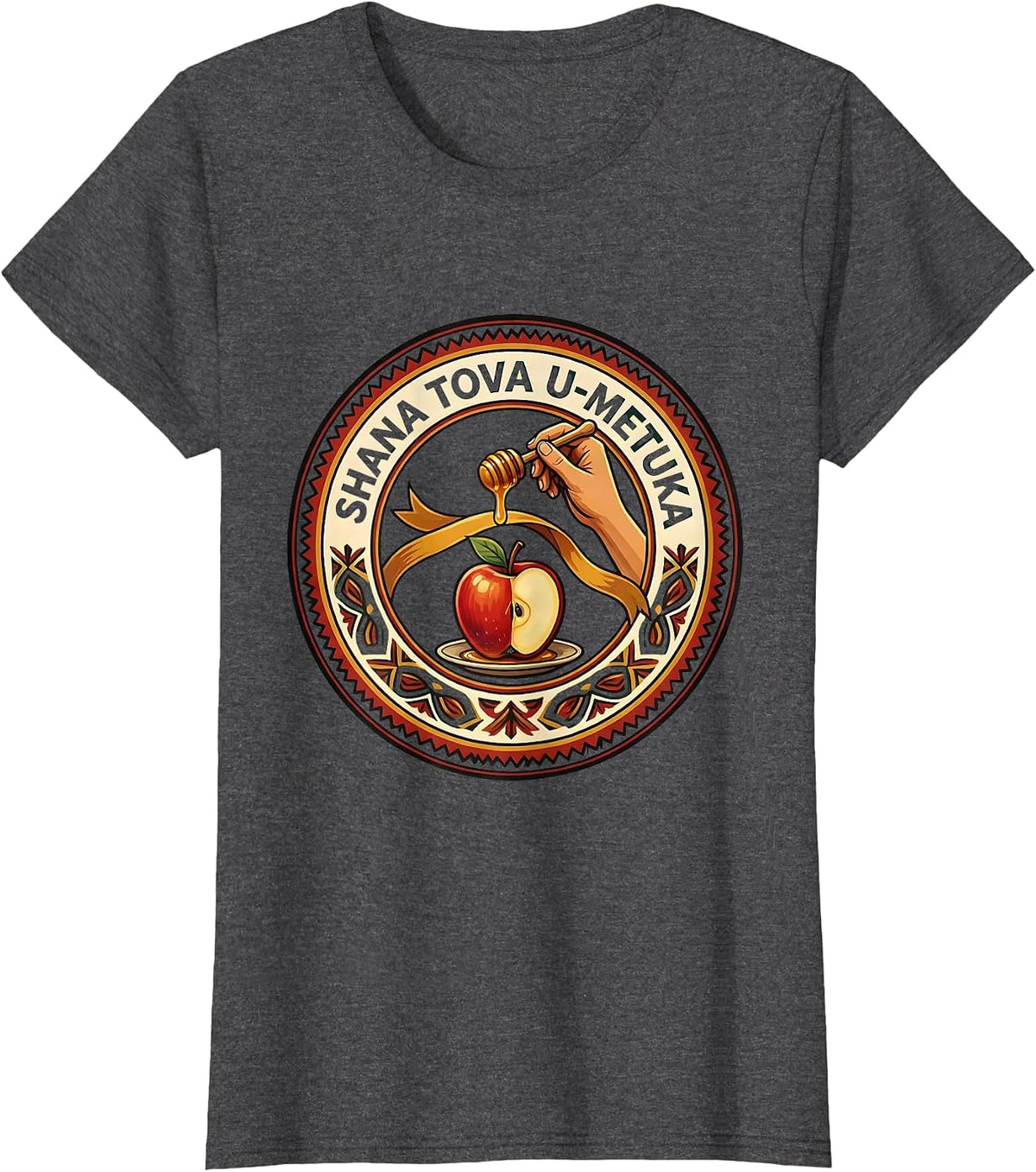 Women's Shana Tova U'Metuka Folk Art Rosh Hashanah Jewish New Year T-Shirt - Dark Heather Grey