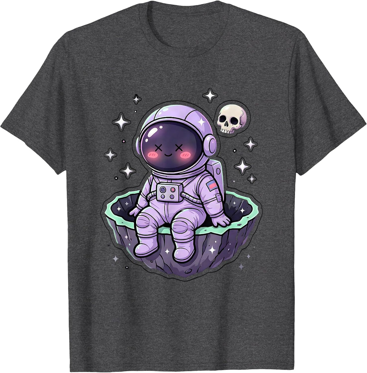 Astronaut Sitting on Crater Edge Space Art T-Shirt - Dark Heather Grey