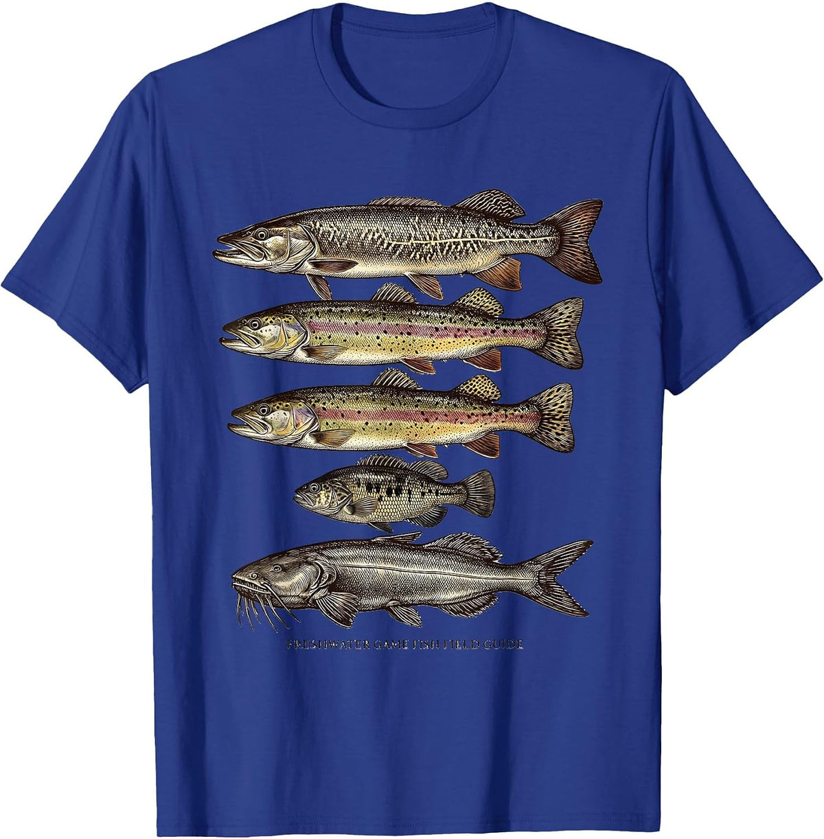 Men's Freshwater Game Fish Field Guide Crosshatch Etching Fishing T-Shirt - Royal Blue