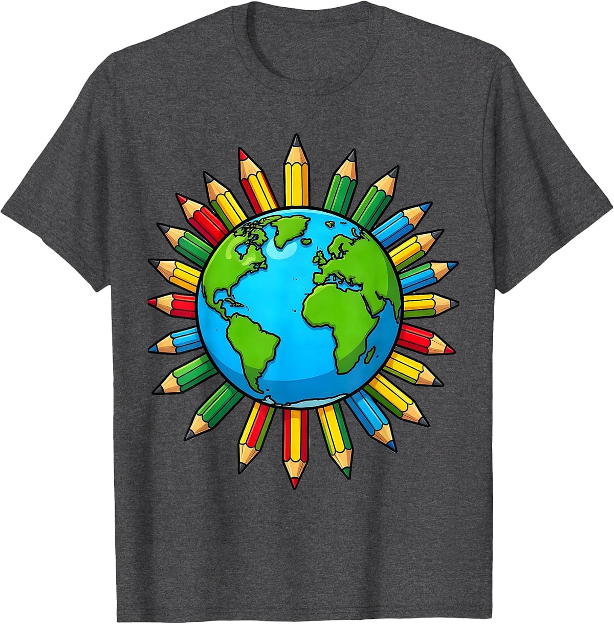 Men's 4th Grade Teacher Globe Colorful Pencils Design T-Shirt - Dark Heather Grey