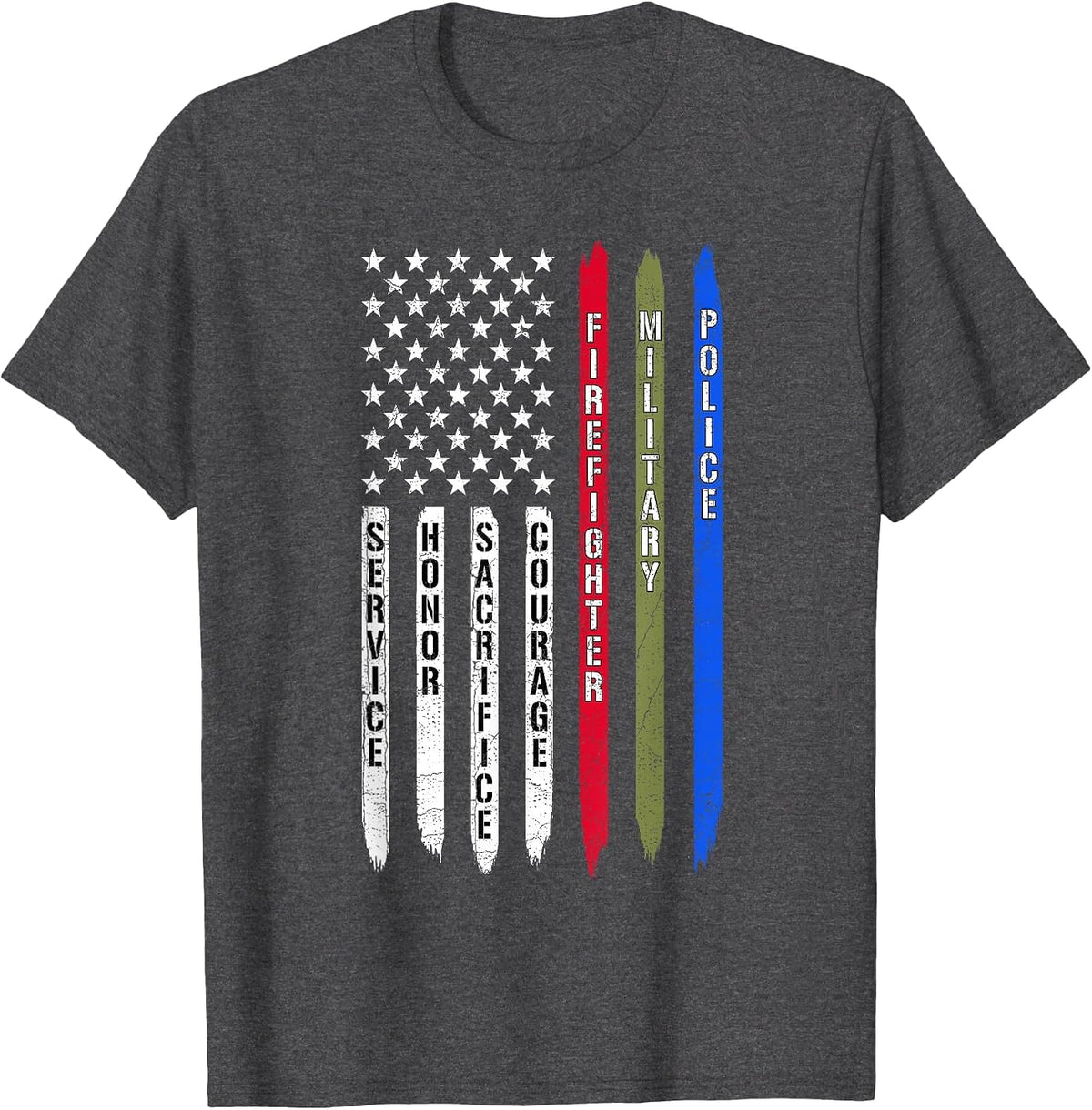 Police Military Fire Firefighter Thin Line USA American Flag T-Shirt - Dark Heather Grey