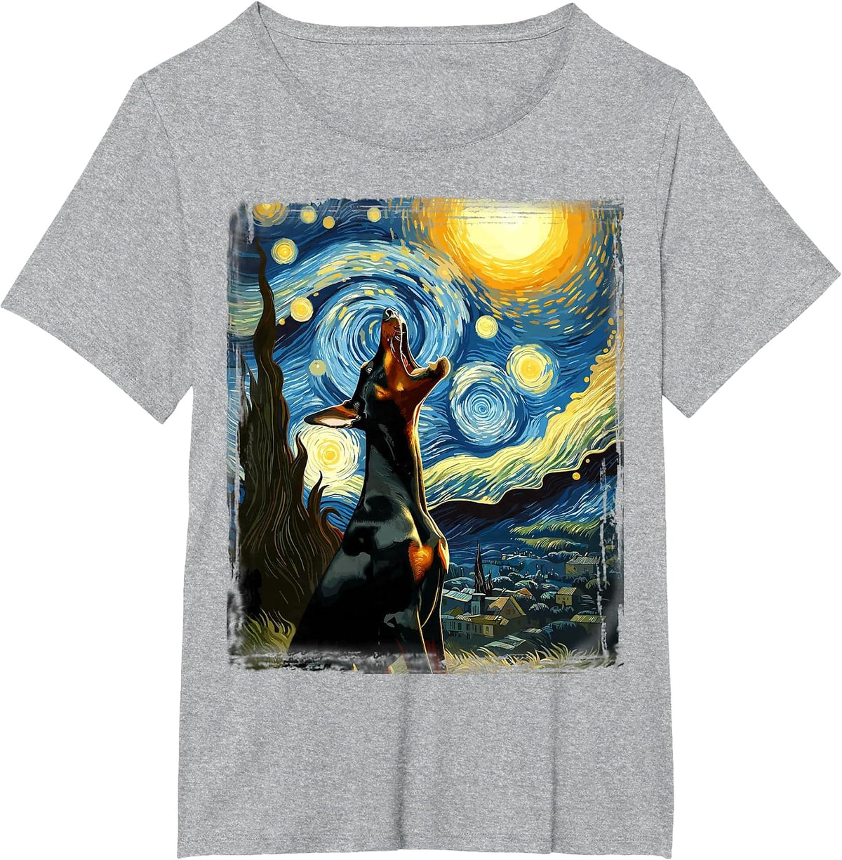 Doberman Pinscher Canine Art Van Gogh Starry Night Doberman T-Shirt - Heather Grey