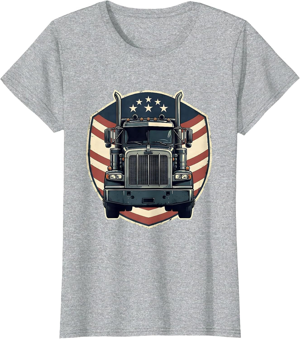 Women's Semi Truck Crest American Flag Patriotic Driver T-Shirt - Heather Grey