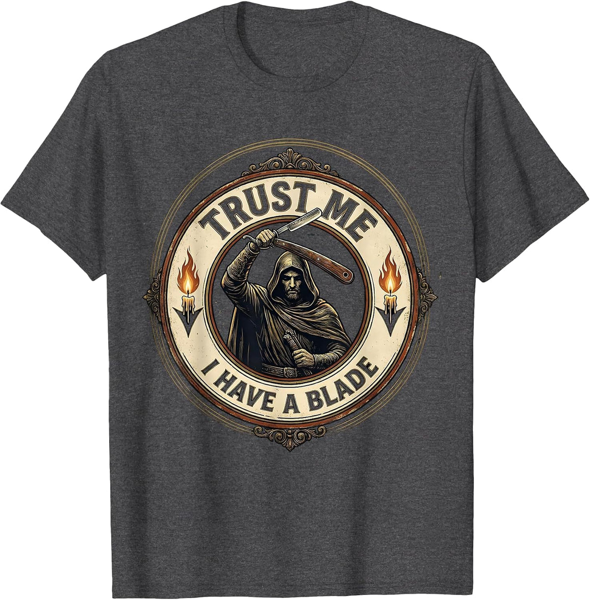Men's Trust Me I Have A Blade Vintage Hairdresser Barber Humor T-Shirt - Dark Heather Grey
