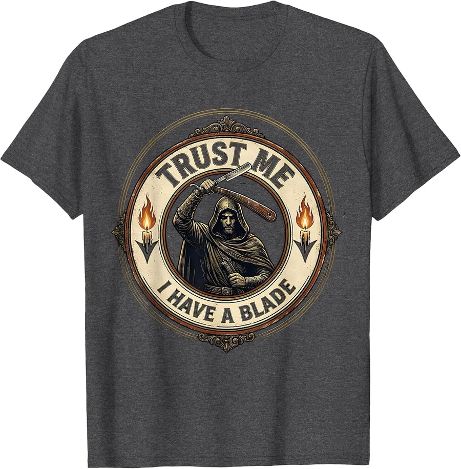 Men's Trust Me I Have A Blade Vintage Hairdresser Barber Humor T-Shirt - Dark Heather Grey