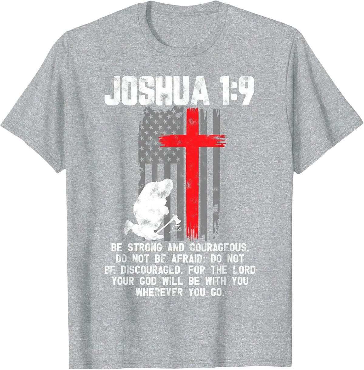 Thin Red Line Firefighter Cross Bible Verse Christian T-Shirt - Heather Grey