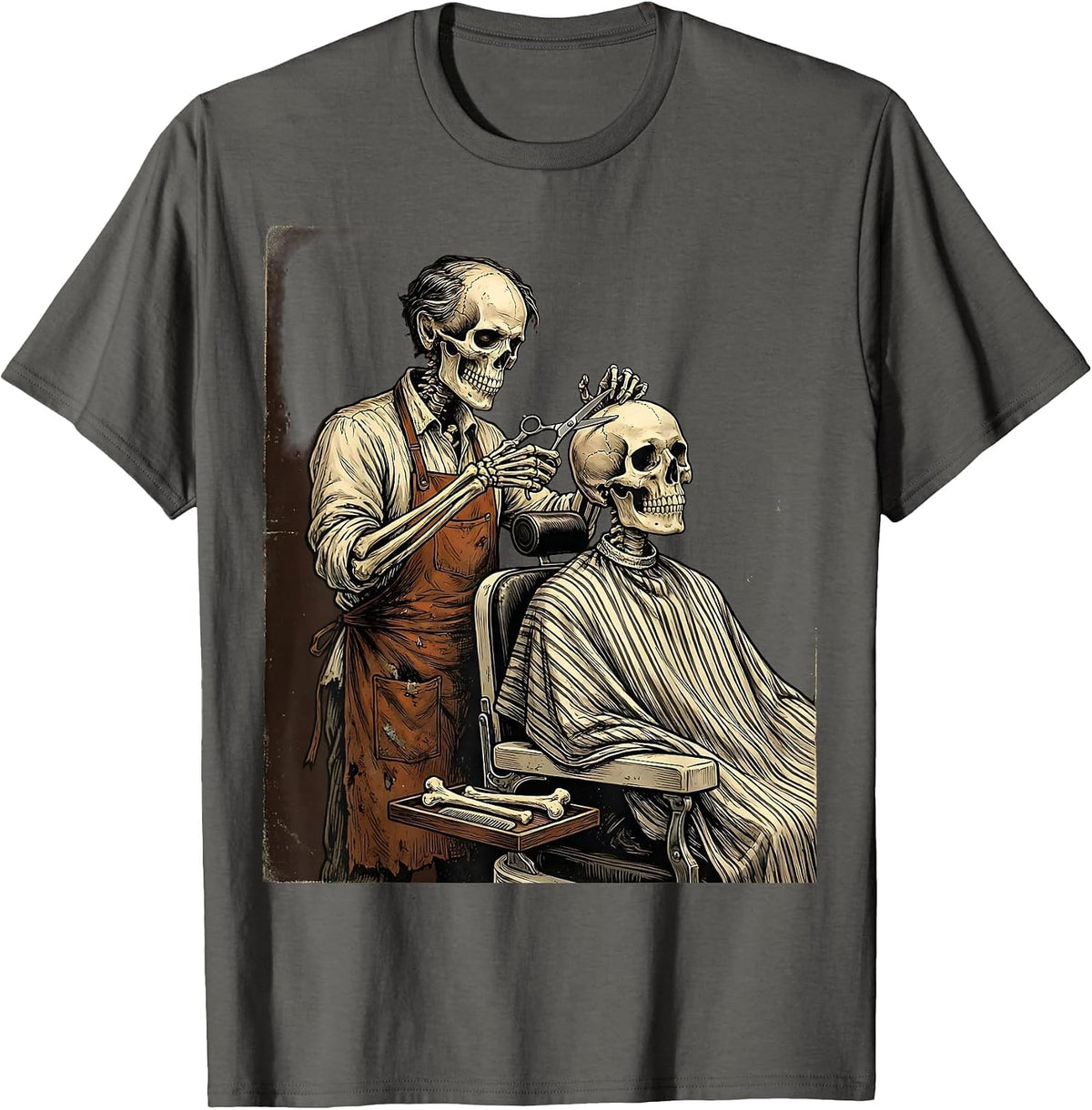 Skeleton Barber Haircut Funny Halloween Graphic T-Shirt - Asphalt Grey