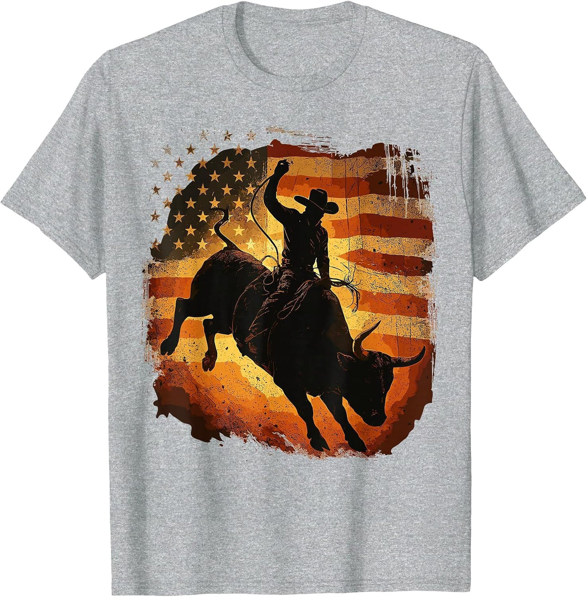 Cowboys American Flag Rodeo Rider Bull Patriotic T-Shirt - Heather Grey