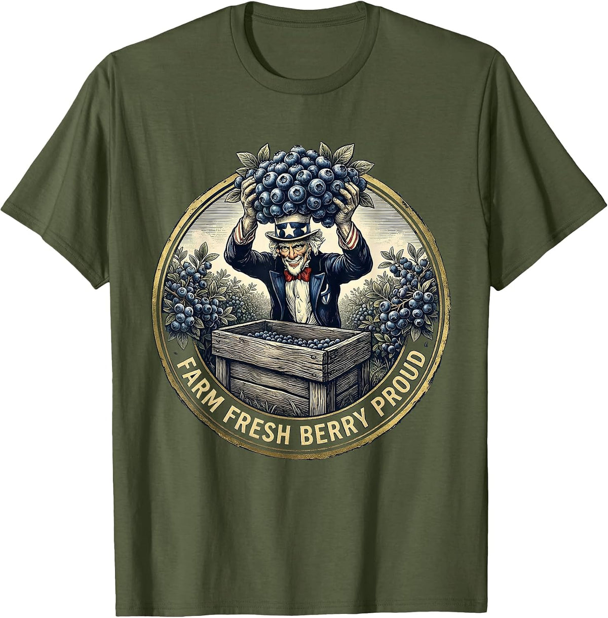 Men's Farm Fresh Berry Proud Red White and Blueberries T-Shirt - Olive Green