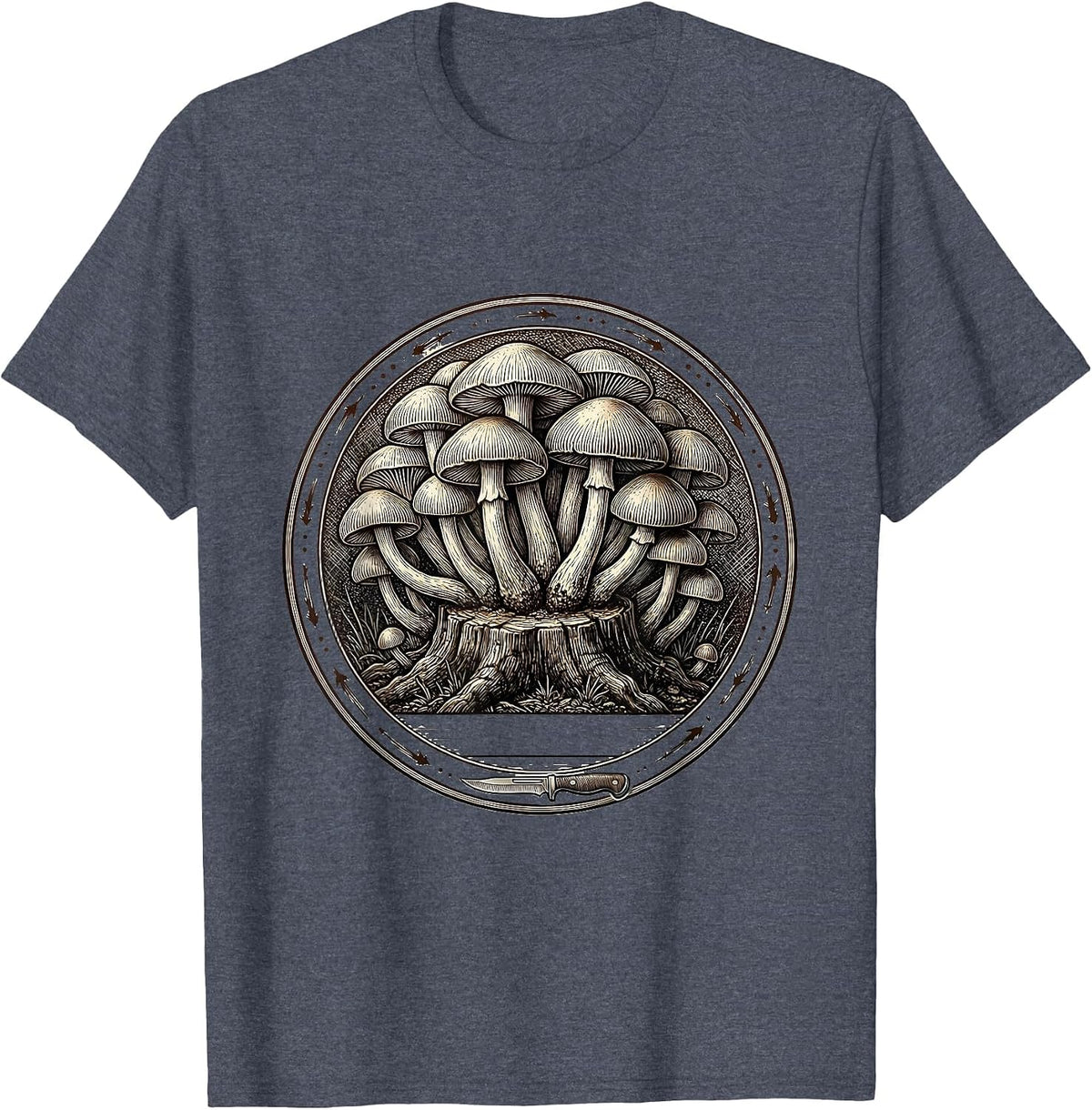 Honey Mushroom Colony Crosshatch Etching Forager Humor T-Shirt - Heather Blue