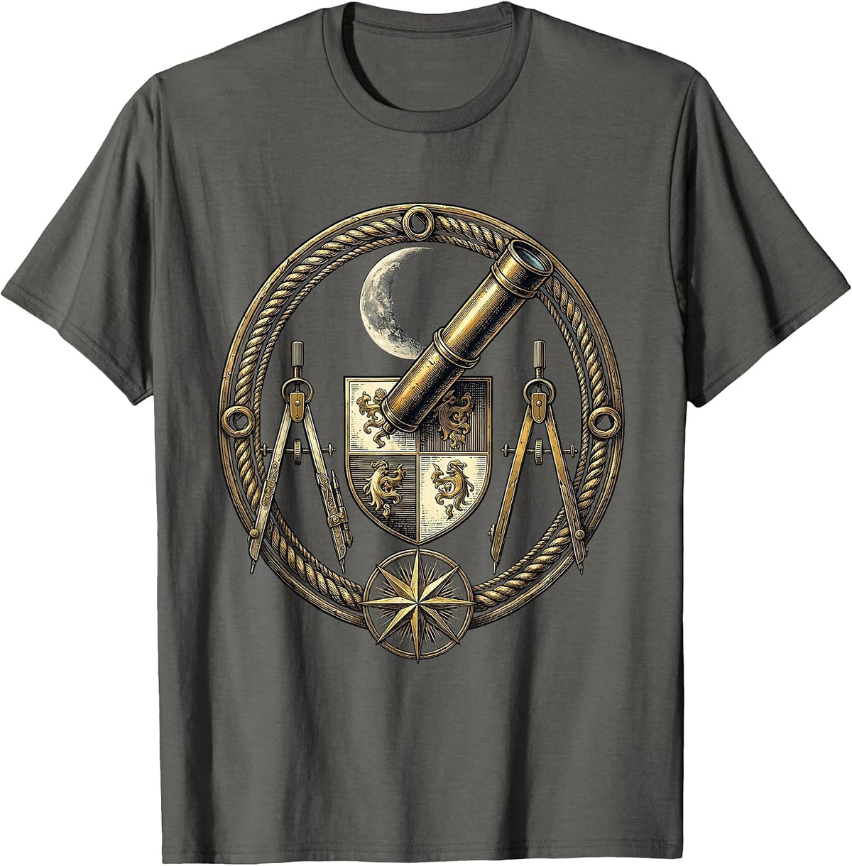 Renaissance Astronomer Telescope Crescent Moon Art T-Shirt - Asphalt Grey