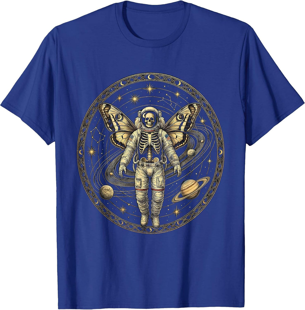 Skeleton Astronaut Floating in Space Illustration T-Shirt - Royal Blue