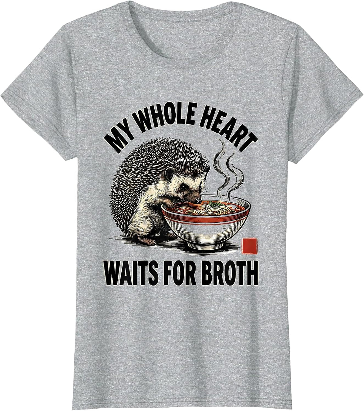 Women's My Whole Heart Waits For Broth Funny Anime Hedgehog Ramen T-Shirt - Heather Grey