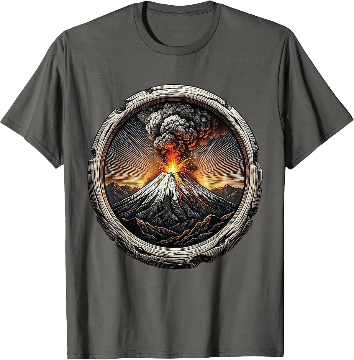 Alaska Snow-Capped Volcano Erupting at Dusk T-Shirt - Asphalt Grey