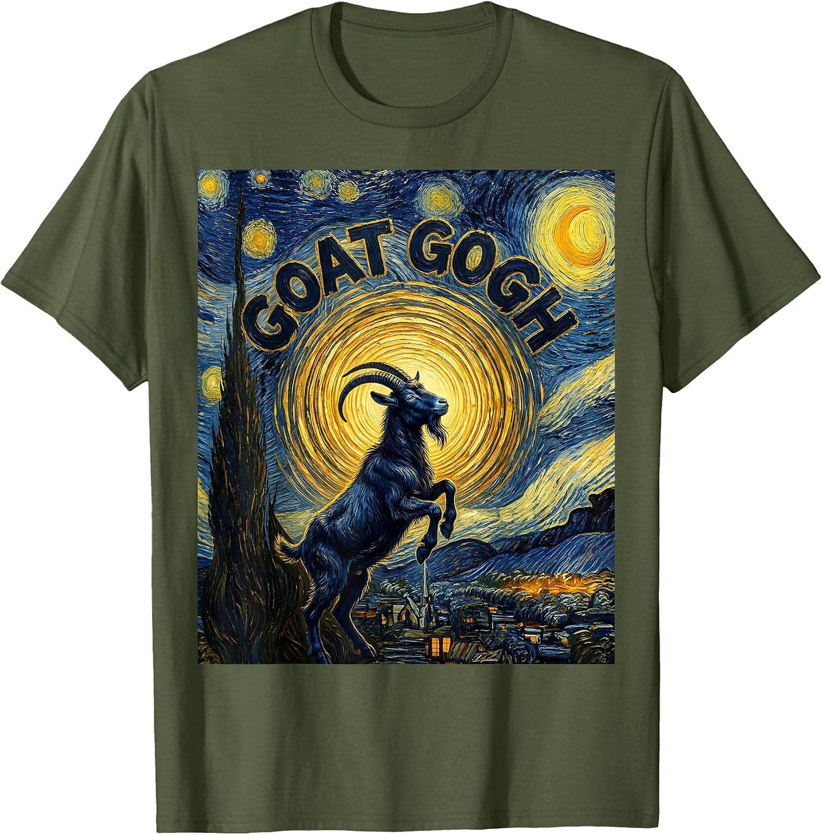Goat Gogh Post-Impressionist Night Field Pet Lover Humor T-Shirt - Olive Green