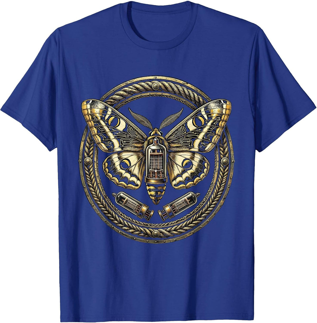 Moth and Glowing Tube Amp Rock Music Graphic T-Shirt - Royal Blue