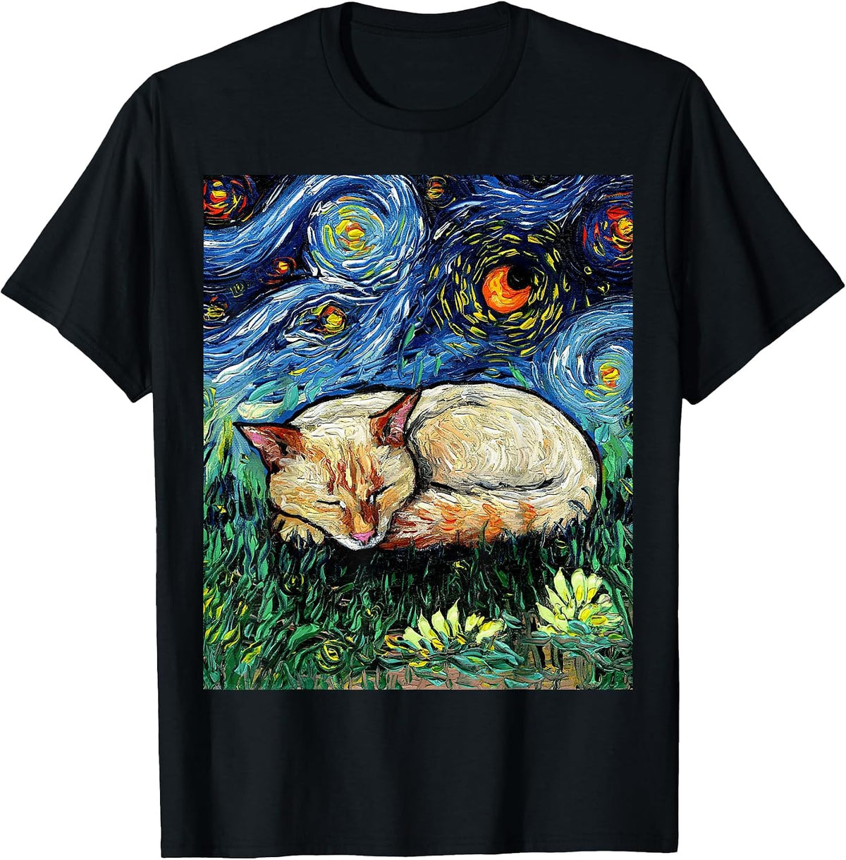 Sleeping Flame Point Siamese Cat Starry Night Artwork T-Shirt - Black