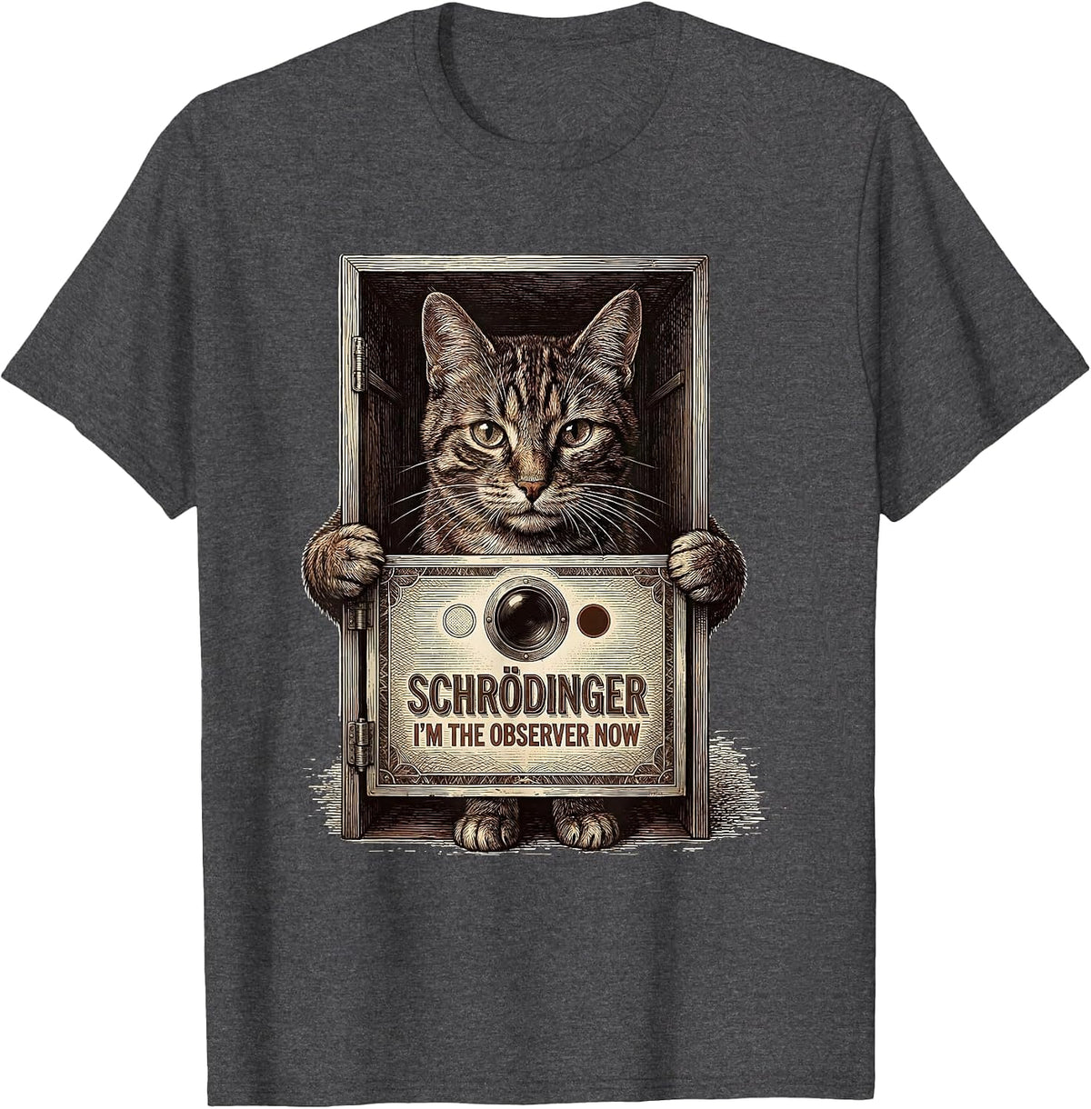 Schrödinger, I’m the Observer Now Funny Quantum Physics Cat T-Shirt - Dark Heather Grey