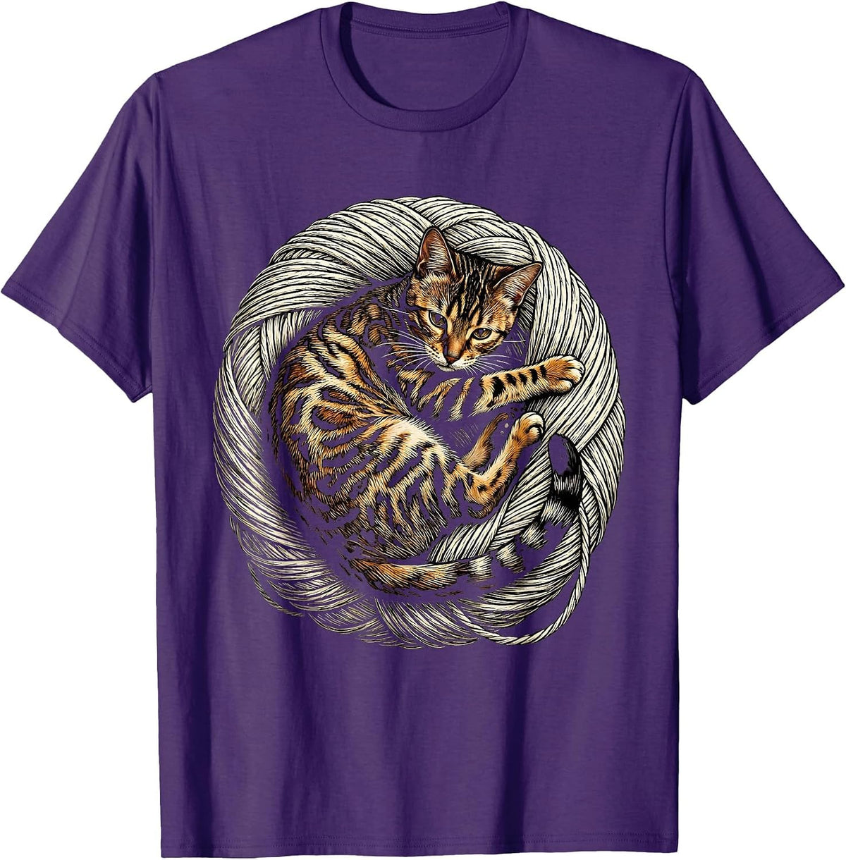 Men's Bengal Cat Tangled in Yarn Ball Graphic Tee T-Shirt - Purple