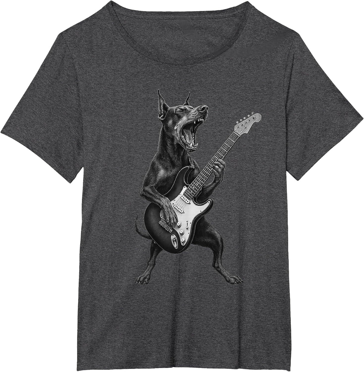 Doberman Pinscher Playing Guitar Rock Music Dog Lover T-Shirt - Dark Heather Grey