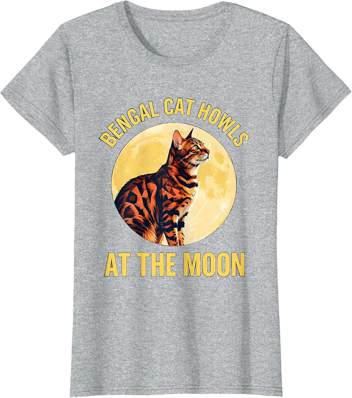 Women's Bengal Cat Howls at the Moon 90s Retro Novelty Humor T-Shirt - Heather Grey