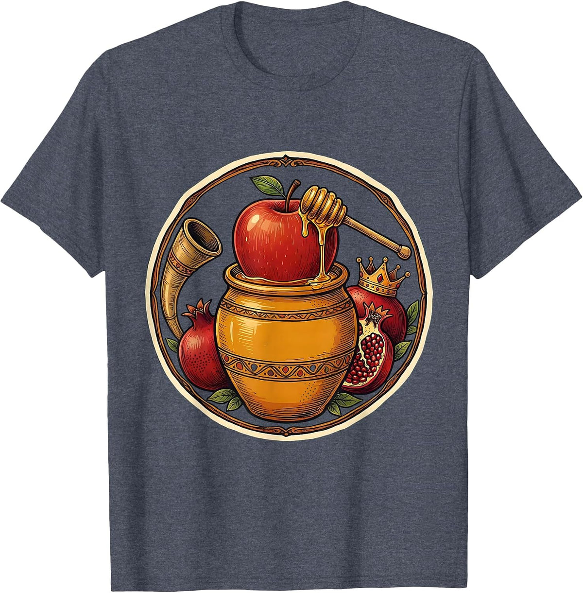 Circular Folk Apple Honey Shofar Rosh Hashanah Jewish T-Shirt - Heather Blue