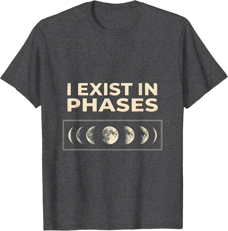 Men's I Exist In Phases Vintage Moon Phases Celestial Astronomy T-Shirt - Dark Heather Grey