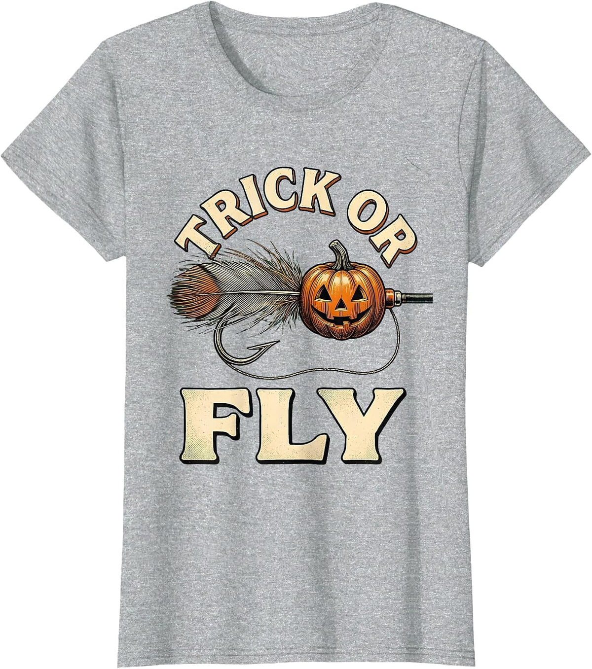 Women's Trick Or Fly Vintage Spooky Halloween Fishing Angler T-Shirt - Heather Grey