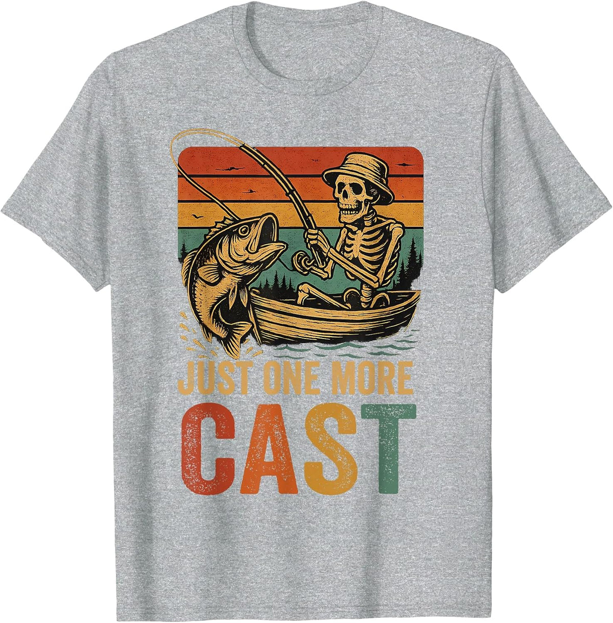 Funny Retro Fishing Skeleton Fish Fisherman Bass Fishing T-Shirt - Heather Grey