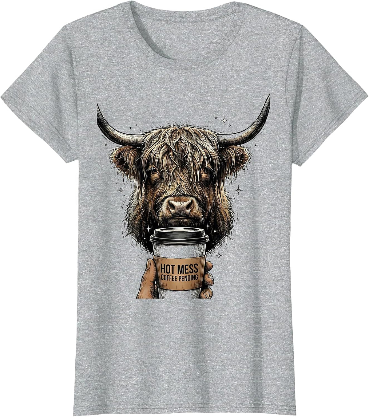 Women's Hot Mess Coffee Pending Highland Cow Funny Coffee Lover T-Shirt - Heather Grey