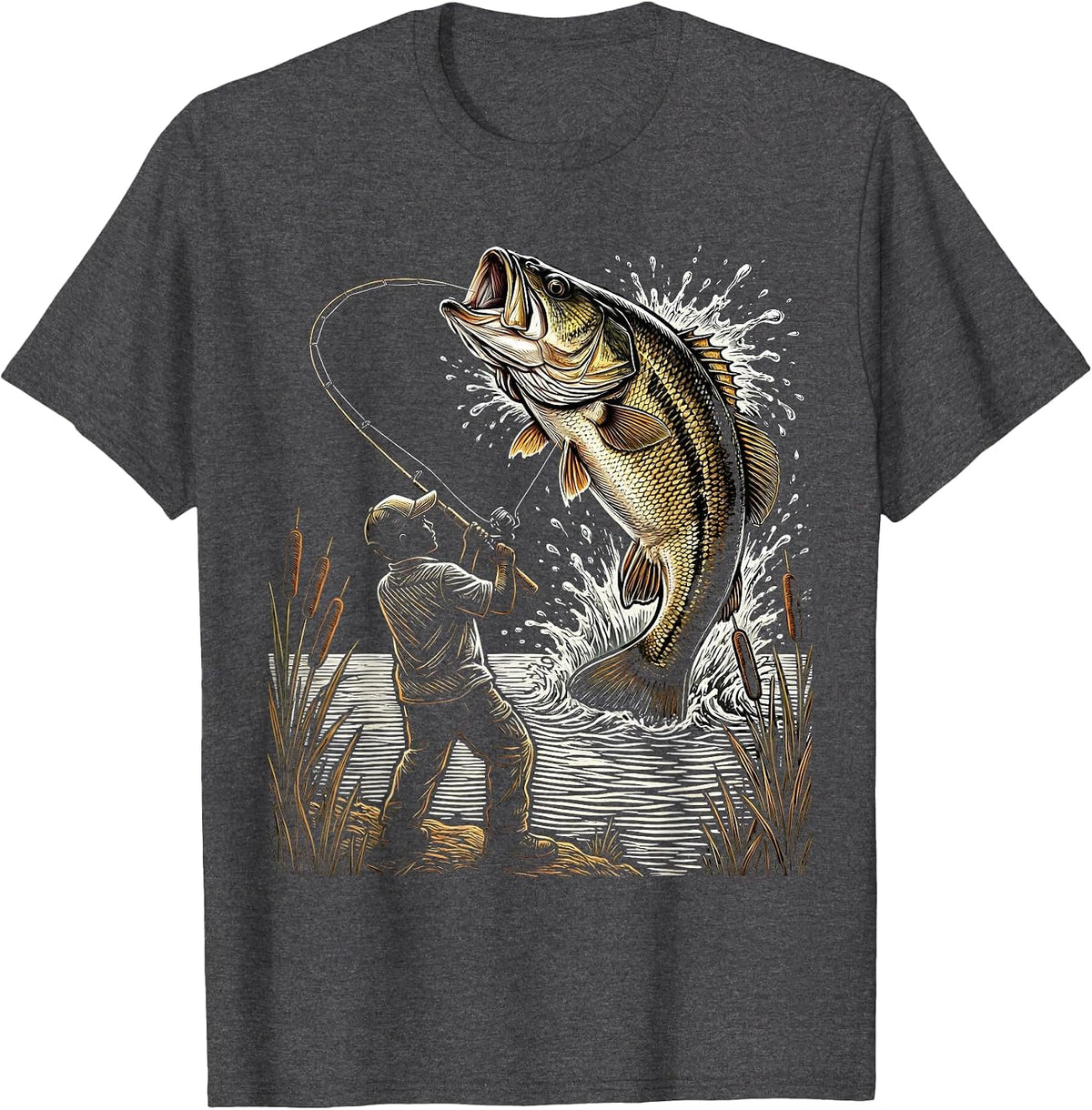 Men's Kids Fishing Reeling In Giant Bass Graphic T-Shirt - Dark Heather Grey