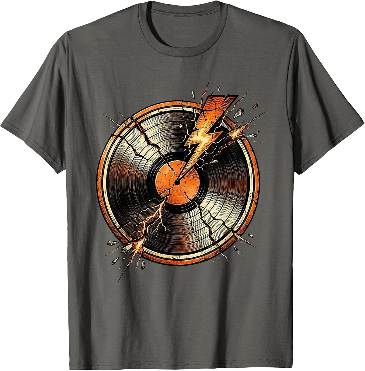 Men's Cracked Vinyl Record Lightning Strike Classic Rock Art T-Shirt - Asphalt Grey