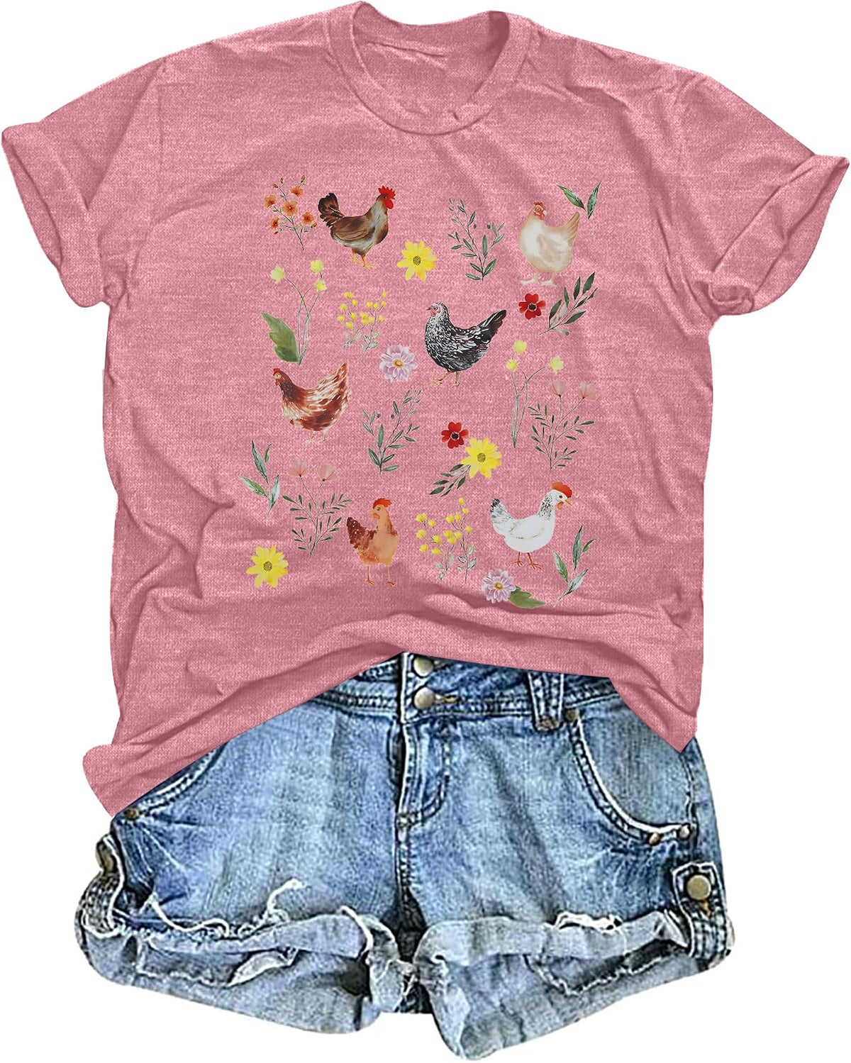 Chicken Shirt Women Wildflower Chicken Shirt Cute Chicken Mom T-Shirt Farm Country Casual Tee Tops - Pink
