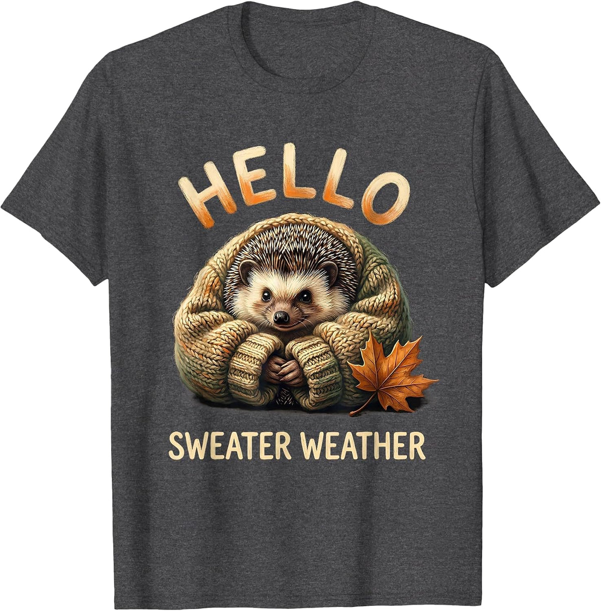 Hello, Sweater Weather Storybook Hedgehog Cozy Fall Autumn T-Shirt - Dark Heather Grey