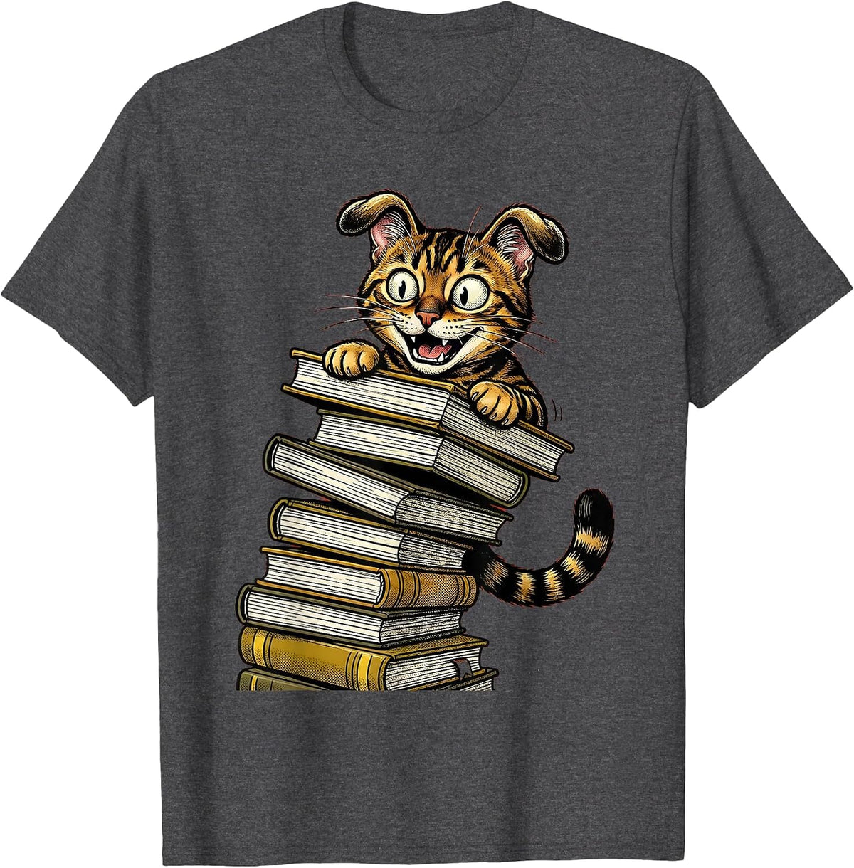 Bengal Cat Peeking Behind Textbooks Back to School T-Shirt - Dark Heather Grey