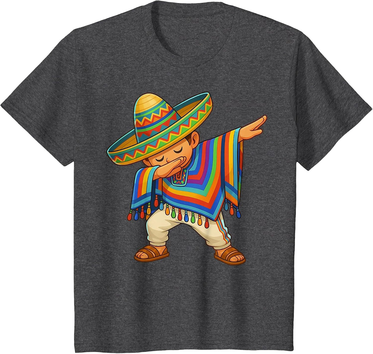 Happy Cinco De Mayo Mexican Boy Dabbing Poncho Party Kid T-Shirt - Dark Heather Grey