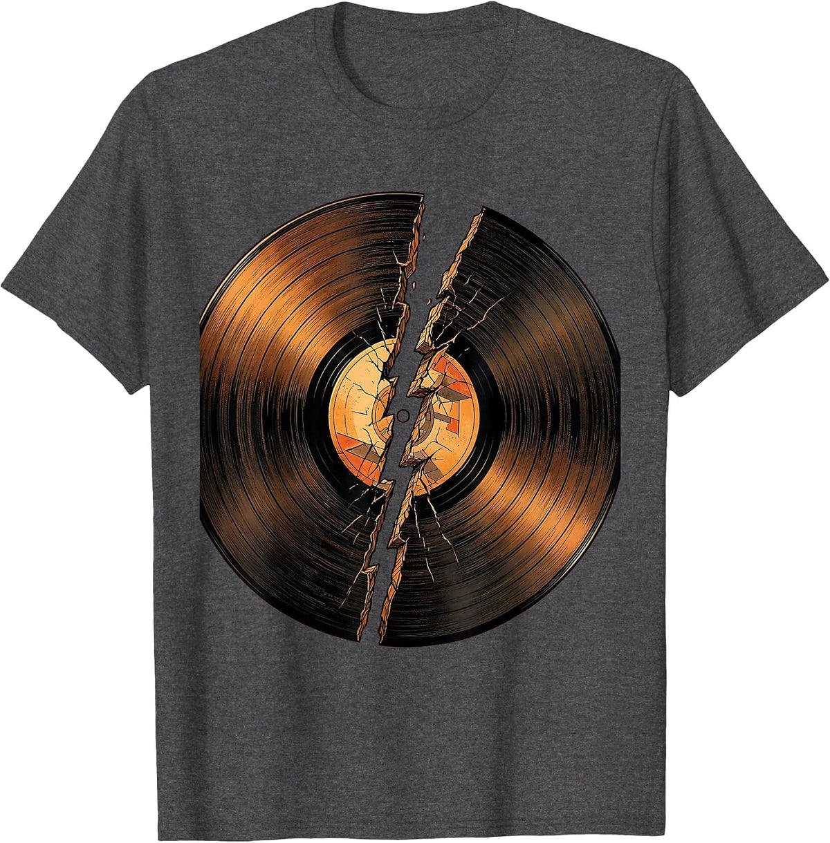 Vinyl Record Lightning Bolt Crack Rock Music Tee T-Shirt - Dark Heather Grey