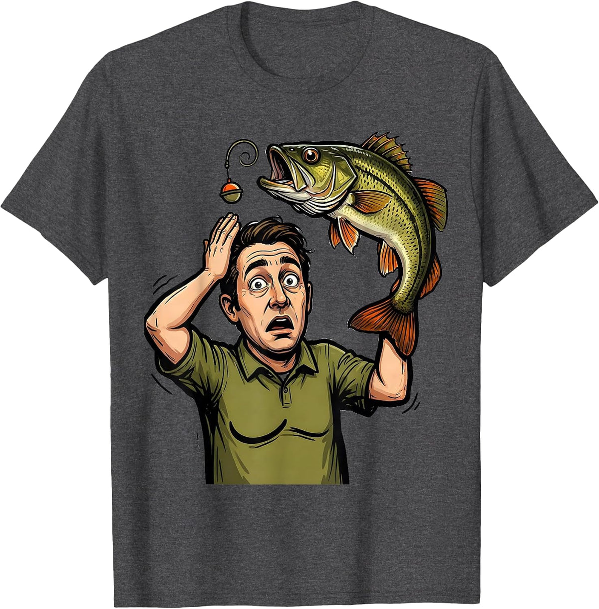Men's Angler Shrugs Bass Question Mark Funny Fishing Humor T-Shirt - Dark Heather Grey