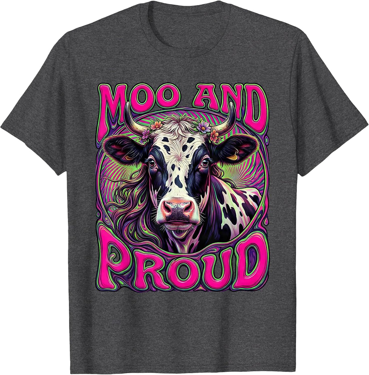 Moo and Proud Cow Lover Graphic Design T-Shirt - Dark Heather Grey