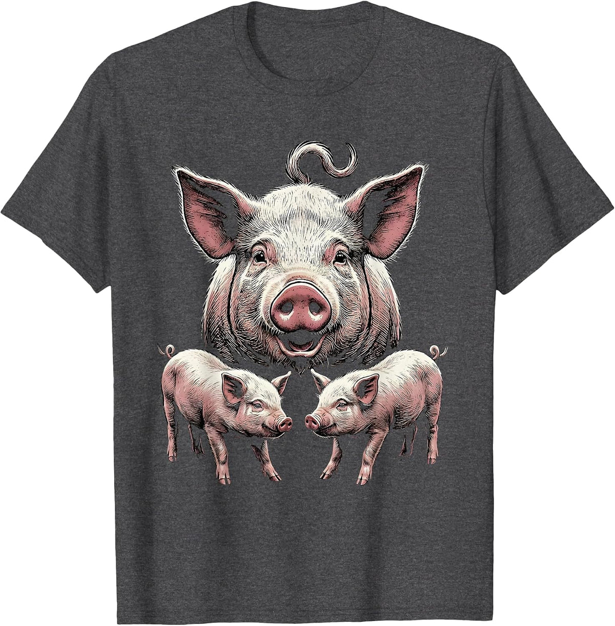 Men's Proud Pig Family Woodcut Engraving Farm Animal Lover Humor T-Shirt - Dark Heather Grey