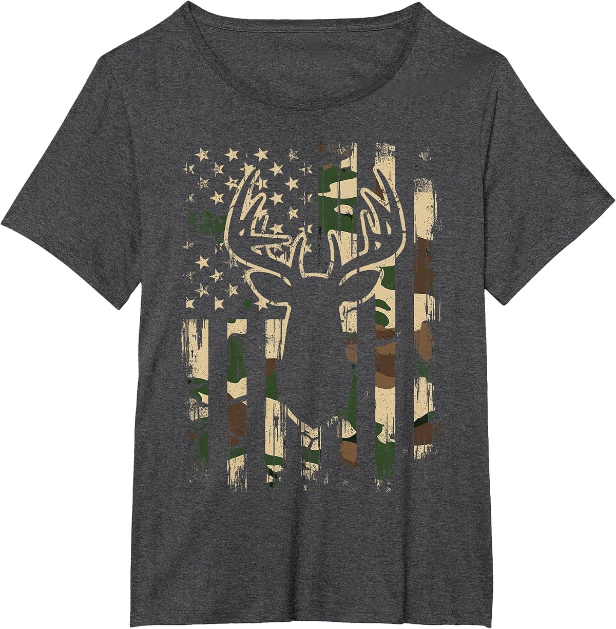 Deer Hunting Camo American Flag Outdoor T-Shirt - Dark Heather Grey