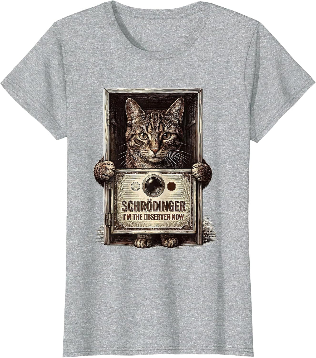 Schrödinger, I’m the Observer Now Funny Quantum Physics Cat T-Shirt - Heather Grey